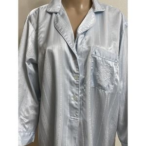 Miss Elaine Classics Women's Blue Satin Embroidered Nightgown Shirt Robe Size M